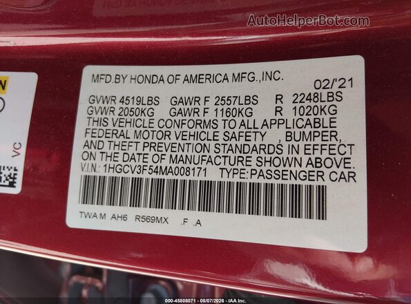 1HGCV3F54MA008171 2021 HONDA ACCORD Red Вид підкапотного простору