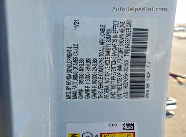 1HGCV3F54NA003585 2022 HONDA ACCORD White Շարժիչի բաժամունքի տեսք