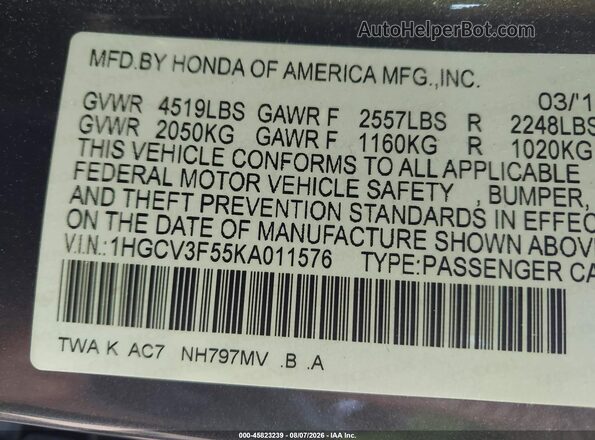 1HGCV3F55KA011576 2019 HONDA ACCORD Gray Vista del compartimento del motor