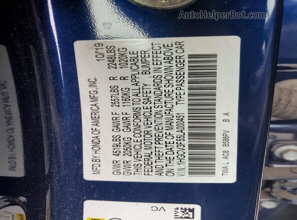 1HGCV3F55LA000451 2020 HONDA ACCORD Синий Вид подкапотного пространства