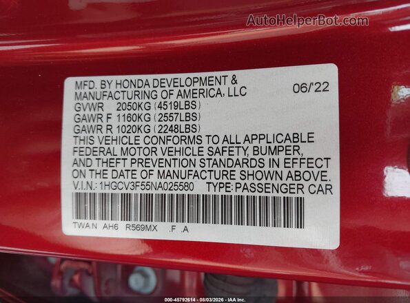 1HGCV3F55NA025580 2022 HONDA ACCORD Red Вид підкапотного простору