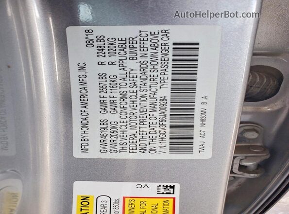 1HGCV3F56JA009284 2018 HONDA ACCORD Серебряный Вид подкапотного пространства