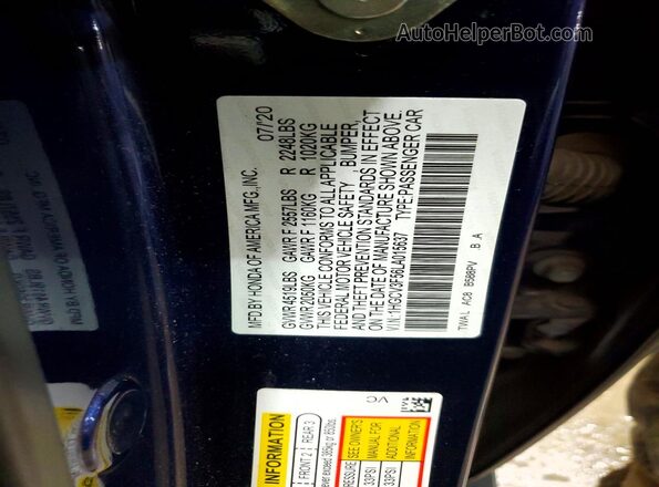 1HGCV3F56LA015637 2020 HONDA ACCORD Blue VIN sticker view