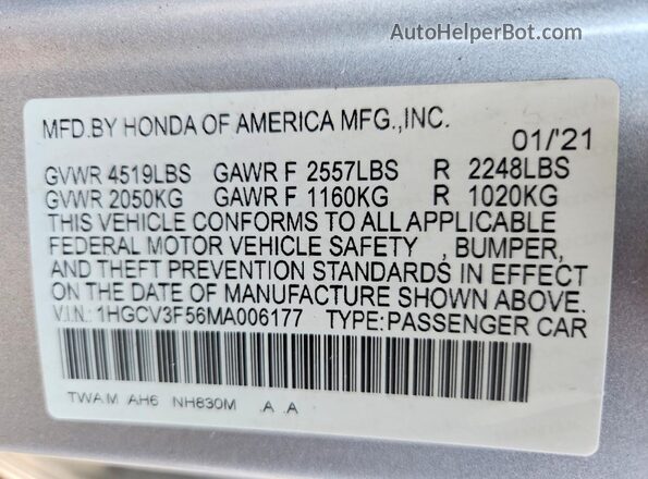 1HGCV3F56MA006177 2021 HONDA ACCORD Silver Вид підкапотного простору