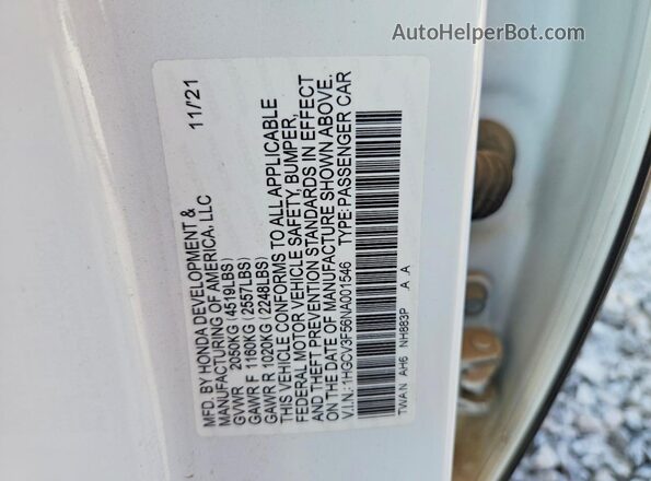 1HGCV3F56NA001546 2022 HONDA ACCORD White Vista del compartimento del motor