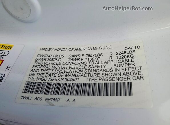 1HGCV3F57JA004501 2018 HONDA ACCORD White Vista del compartimento del motor