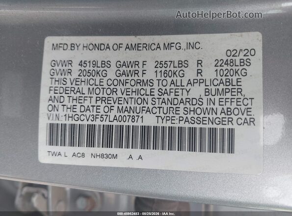 1HGCV3F57LA007871 2020 HONDA ACCORD Silver Engine compartment view
