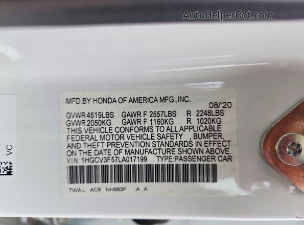 1HGCV3F57LA017199 2020 HONDA ACCORD White Widok komory silnika
