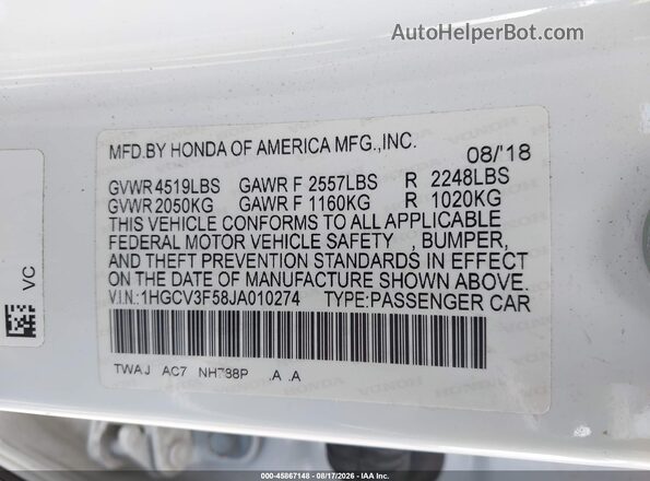 1HGCV3F58JA010274 2018 HONDA ACCORD White Vista del compartimento del motor