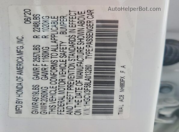 1HGCV3F58LA013260 2020 HONDA ACCORD Белый Вид подкапотного пространства
