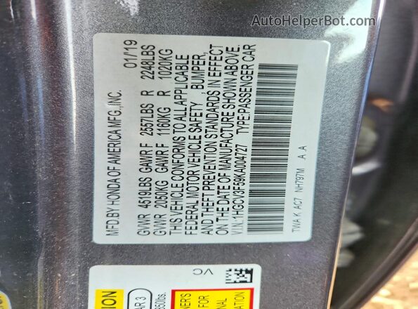 1HGCV3F59KA004727 2019 HONDA ACCORD Gray Engine compartment view