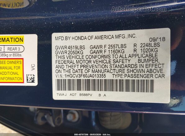 1HGCV3F60JA013355 2018 HONDA ACCORD Синий Вид подкапотного пространства