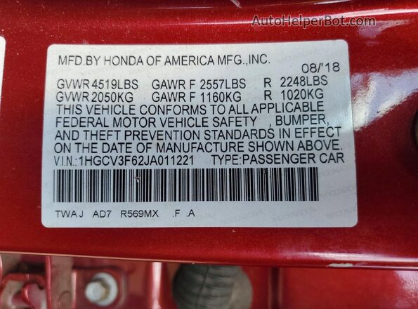 1HGCV3F62JA011221 2018 HONDA ACCORD Red ძრავის განყოფილების ხედი