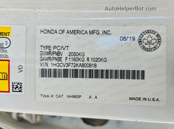 1HGCV3F72KA800818 2019 HONDA ACCORD White Շարժիչի բաժամունքի տեսք