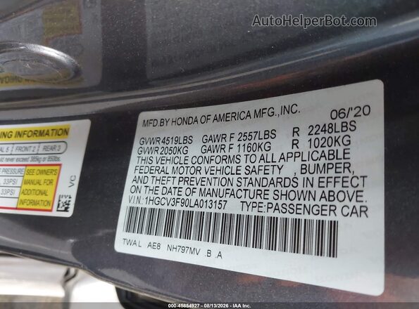 1HGCV3F90LA013157 2020 HONDA ACCORD Gray Widok komory silnika