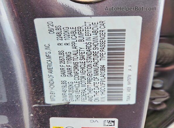 1HGCV3F91LA013894 2020 HONDA ACCORD Gray Vista de la etiqueta del VIN