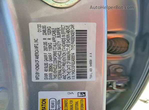 1HGCV3F92LA005514 2020 HONDA ACCORD Silver VIN sticker view