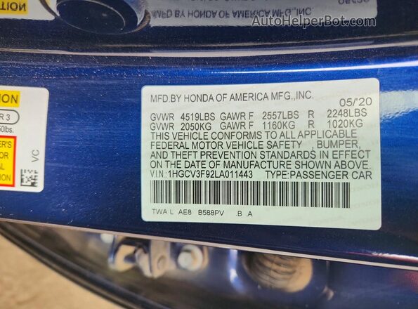 1HGCV3F92LA011443 2020 HONDA ACCORD Blue Вид підкапотного простору