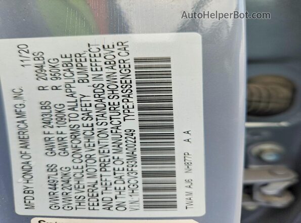 1HGCV3F93MA002249 2021 HONDA ACCORD Gray Vista del compartimento del motor