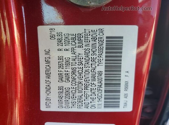 1HGCV3F94JA007469 2018 HONDA ACCORD Red Vista del compartimento del motor