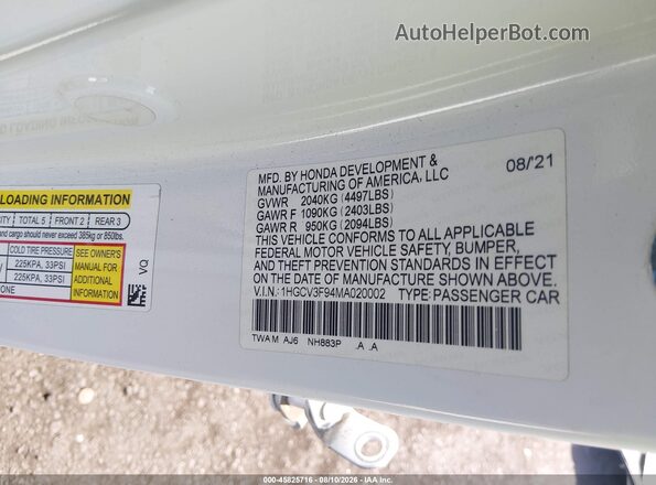 1HGCV3F94MA020002 2021 HONDA ACCORD White Vista del compartimento del motor