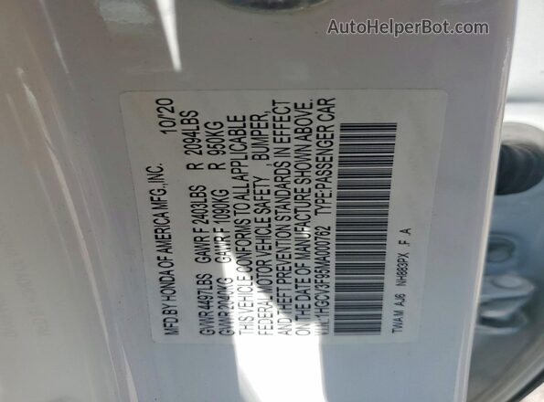 1HGCV3F95MA000762 2021 HONDA ACCORD White Widok naklejki z numerem VIN