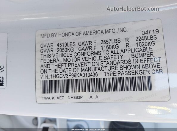 1HGCV3F96KA013436 2019 HONDA ACCORD Yellow Вид підкапотного простору