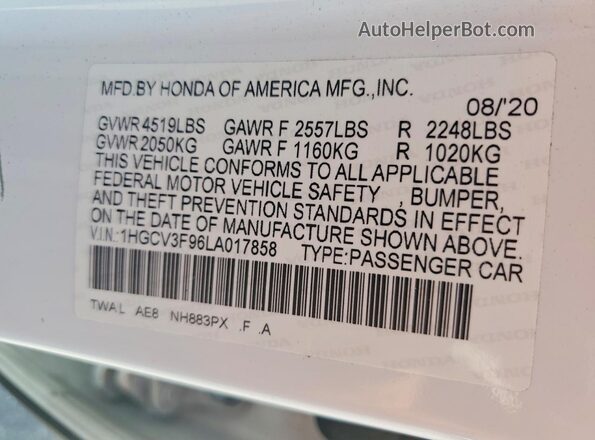 1HGCV3F96LA017858 2020 HONDA ACCORD White Вид підкапотного простору