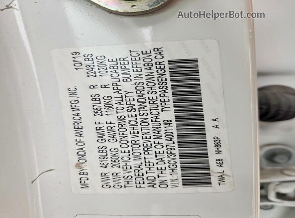 1HGCV3F97LA001149 2020 HONDA ACCORD White ძრავის განყოფილების ხედი