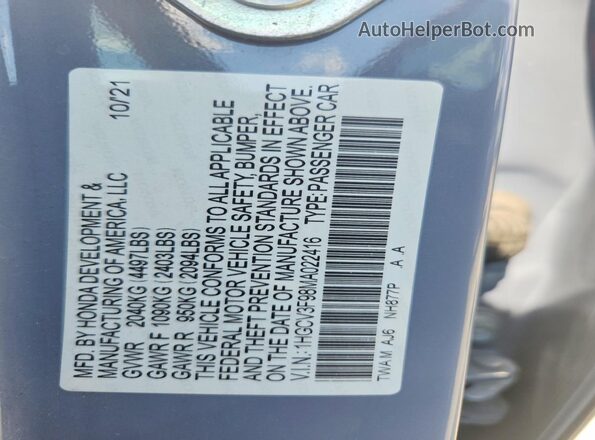 1HGCV3F98MA022416 2021 HONDA ACCORD Blue Շարժիչի բաժամունքի տեսք