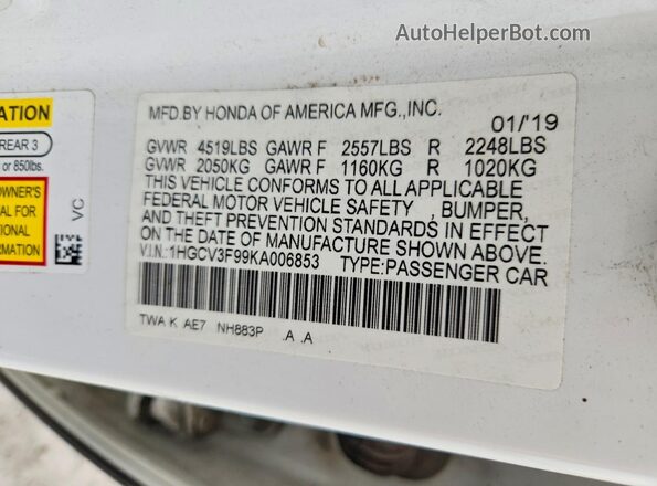 1HGCV3F99KA006853 2019 HONDA ACCORD White Vista del compartimento del motor