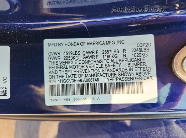 1HGCV3F99LA008748 2020 HONDA ACCORD Blue ძრავის განყოფილების ხედი