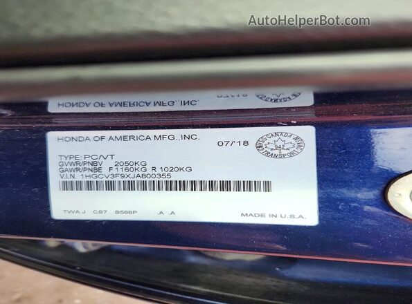 1HGCV3F9XJA800355 2018 HONDA ACCORD Blue VIN კოდის სტიკერის ხედი