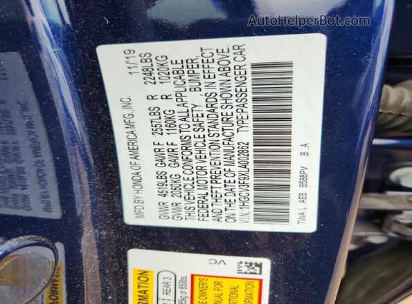 1HGCV3F9XLA002862 2020 HONDA ACCORD Blue VIN კოდის სტიკერის ხედი