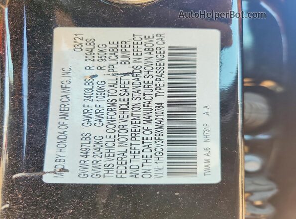 1HGCV3F9XMA010784 2021 HONDA ACCORD Black Widok naklejki z numerem VIN