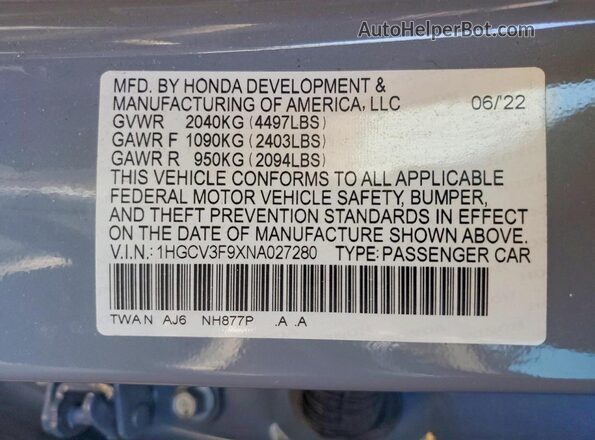 1HGCV3F9XNA027280 2022 HONDA ACCORD Gray Engine compartment view
