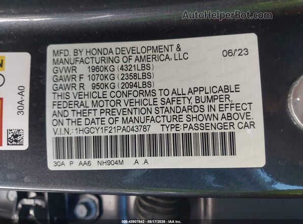 1HGCY1F21PA043787 2023 HONDA ACCORD Gray Widok komory silnika