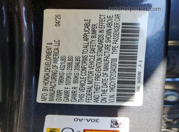 1HGCY1F21SA030708 2025 HONDA ACCORD Black Vista de la etiqueta del VIN