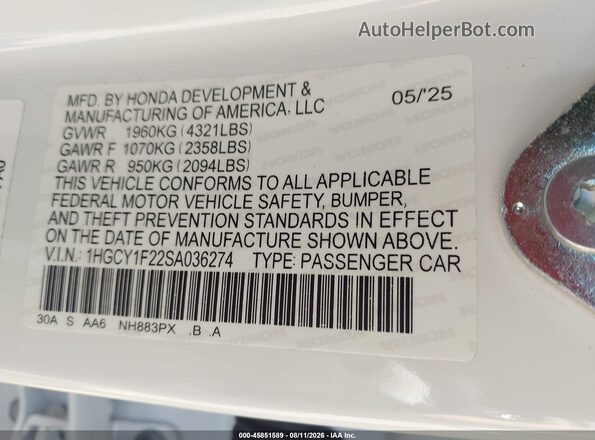 1HGCY1F22SA036274 2025 HONDA ACCORD White Շարժիչի բաժամունքի տեսք