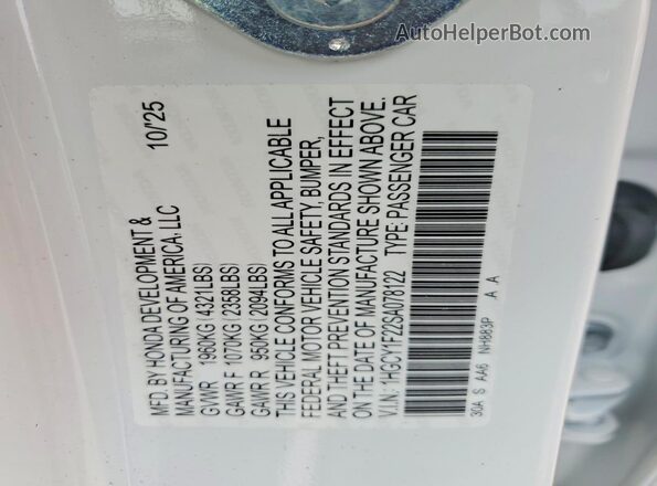 1HGCY1F22SA078122 2025 HONDA ACCORD White Widok naklejki z numerem VIN