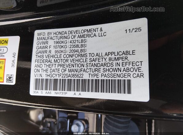 1HGCY1F22SA085622 2025 HONDA ACCORD Black Vista del compartimento del motor