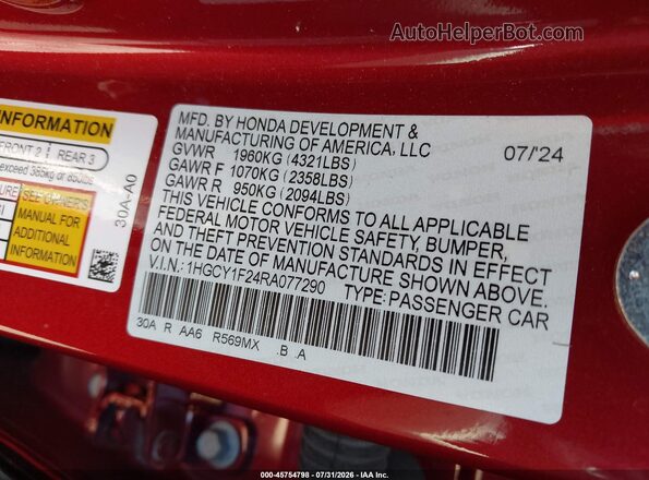 1HGCY1F24RA077290 2024 HONDA ACCORD Красный Вид подкапотного пространства
