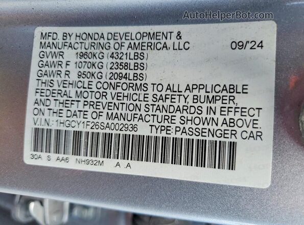 1HGCY1F26SA002936 2025 HONDA ACCORD Silver Widok naklejki z numerem VIN