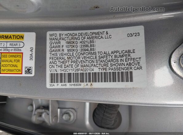 1HGCY1F28PA020104 2023 HONDA ACCORD Silver Շարժիչի բաժամունքի տեսք