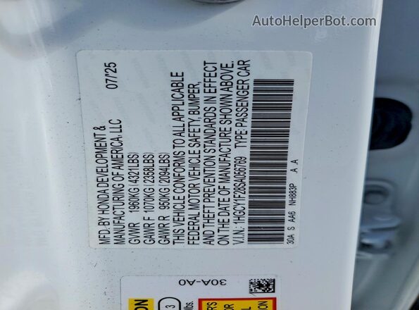 1HGCY1F28SA056769 2025 HONDA ACCORD White Widok naklejki z numerem VIN
