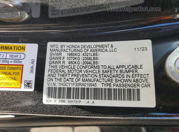 1HGCY1F30RA019945 2024 HONDA ACCORD Black VIN კოდის სტიკერის ხედი