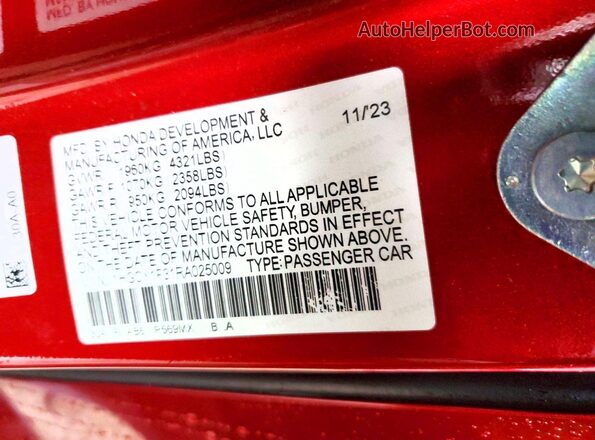 1HGCY1F31RA025009 2024 HONDA ACCORD Red Vista de la etiqueta del VIN