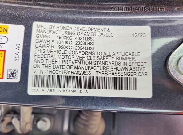 1HGCY1F31RA029836 2024 HONDA ACCORD Charcoal Vista del compartimento del motor