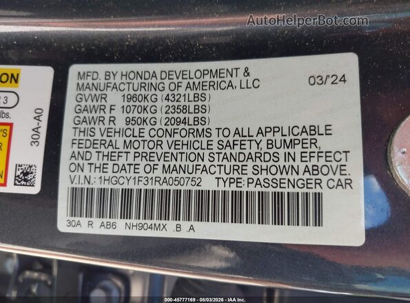 1HGCY1F31RA050752 2024 HONDA ACCORD Gray Vista de la etiqueta del VIN