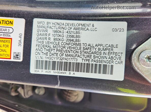 1HGCY1F32PA017773 2023 HONDA ACCORD Black VIN sticker view